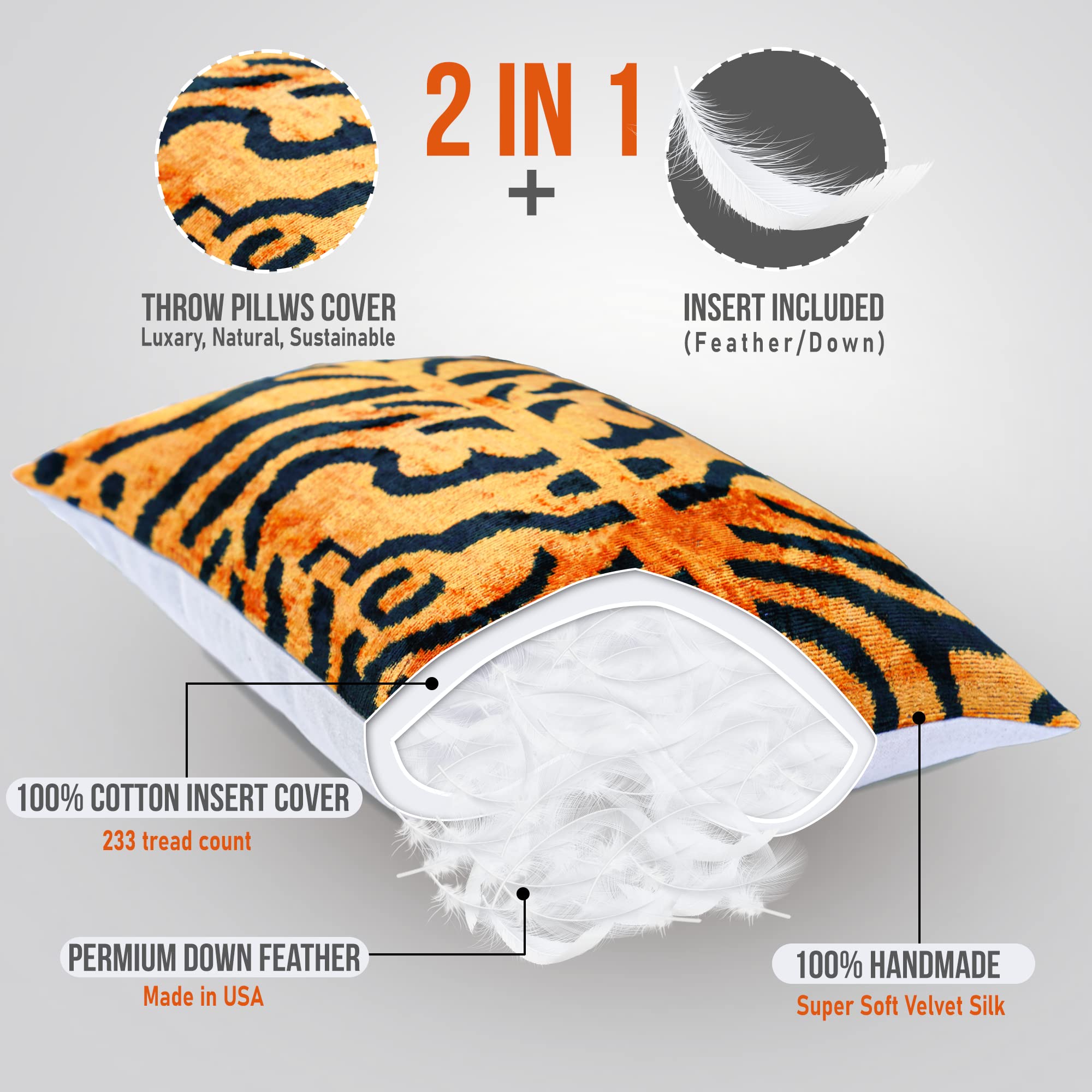 Handmade Velvet Throw Pillow 16x24 Tiger Print with Down Feather Insert
