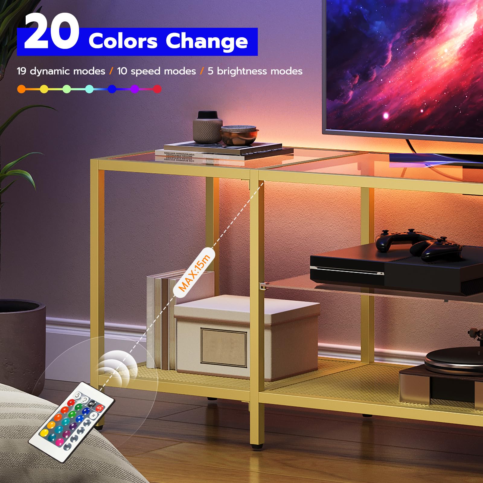 55 Inch Glass TV Stand with LED Lights