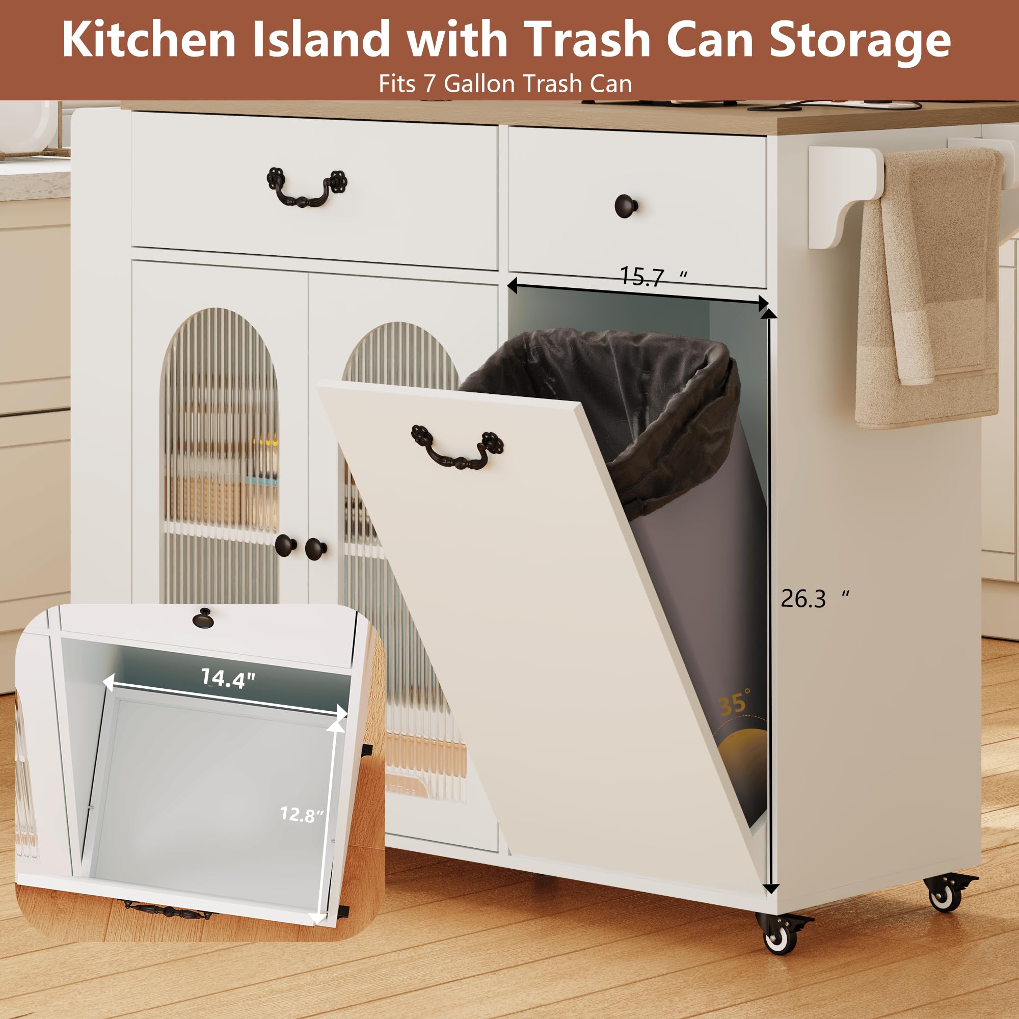 Rolling Kitchen Island with Trash Can Storage and Power Outlets