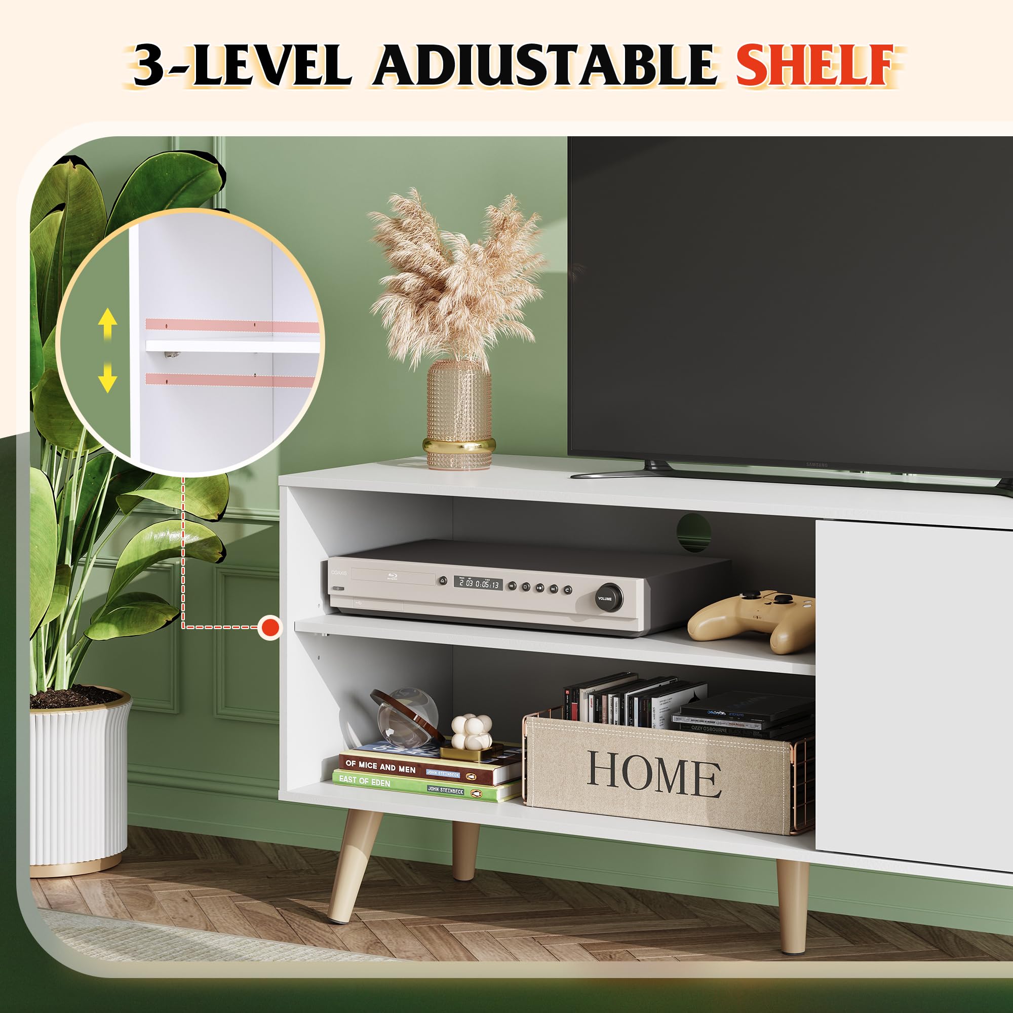 Mid-Century TV Stand with Storage Cabinet White 47 Inch