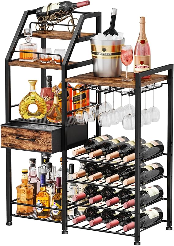 4-Tier Wine Rack with Glass Holder and Fabric Drawer