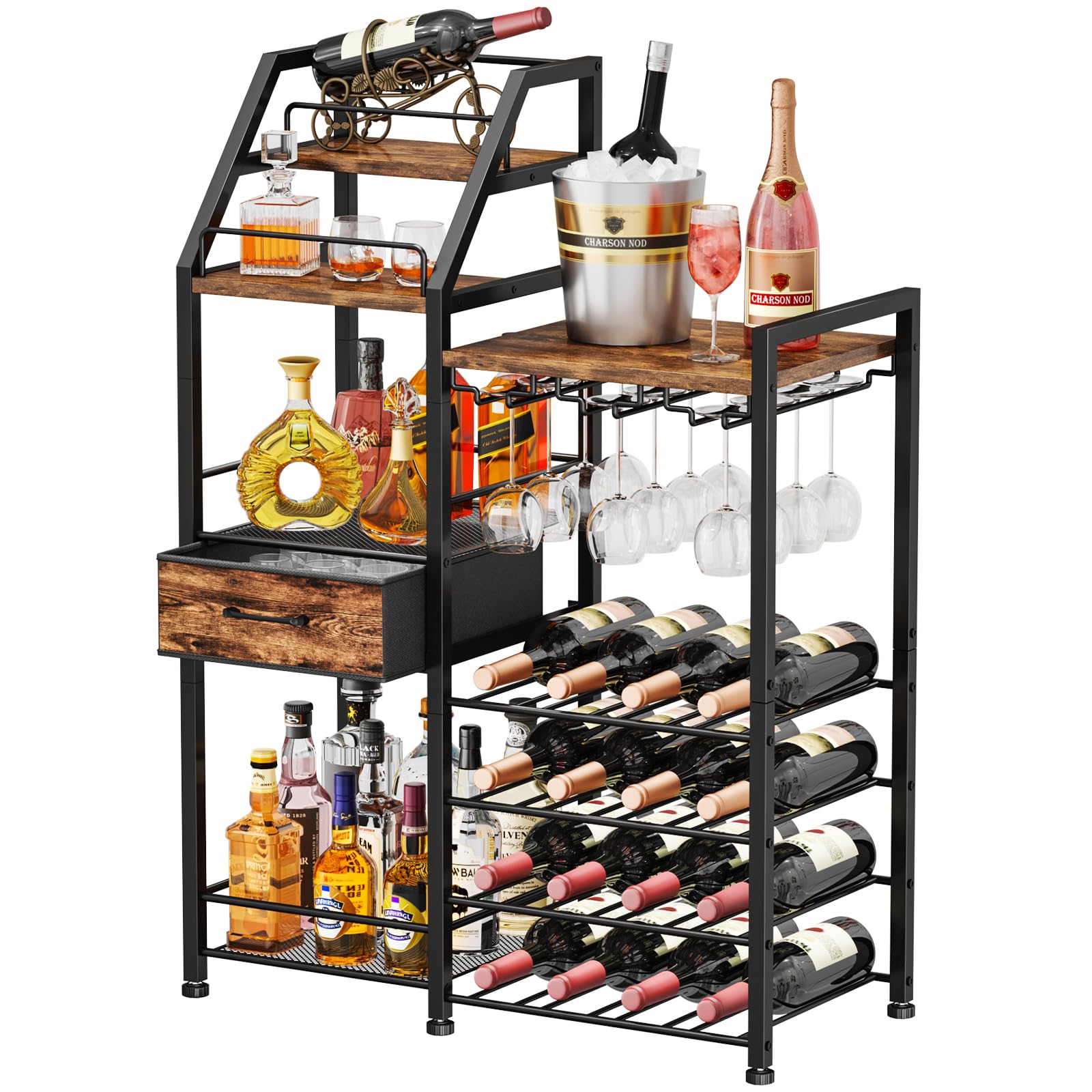 4-Tier Wine Rack with Glass Holder and Fabric Drawer