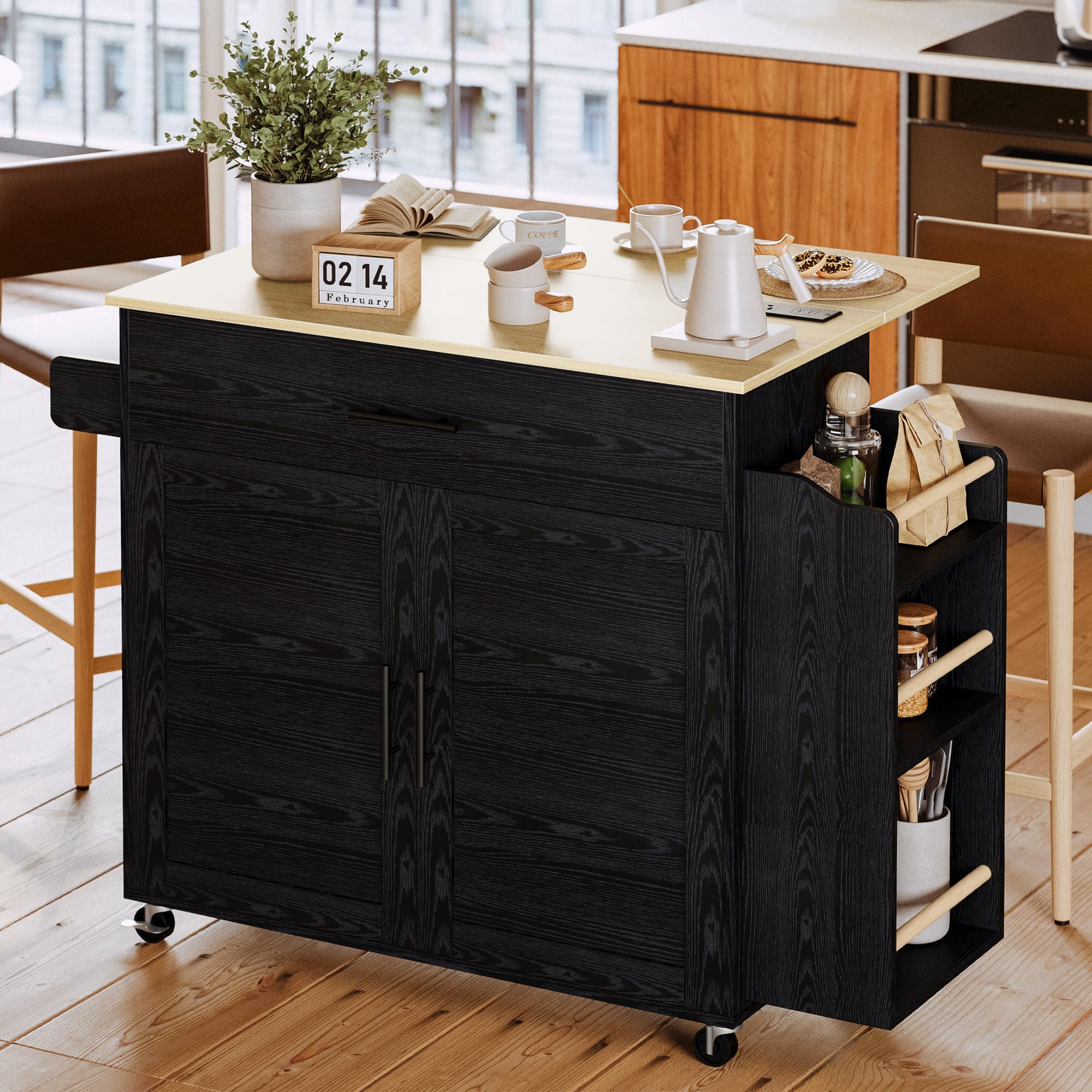Rolling Kitchen Island with Storage and Charging Station