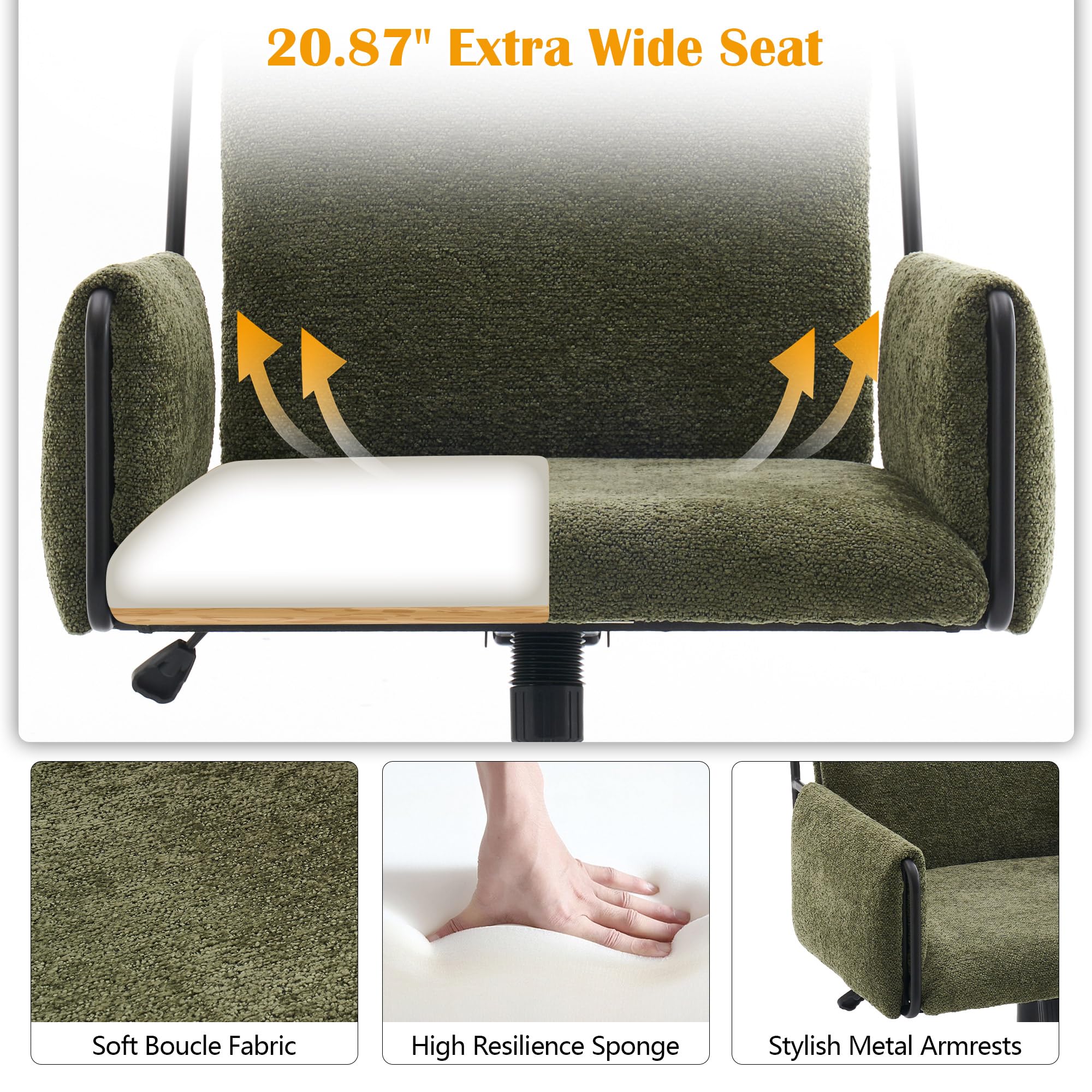 Modern Office Chair Green Boucle Fabric Adjustable Height