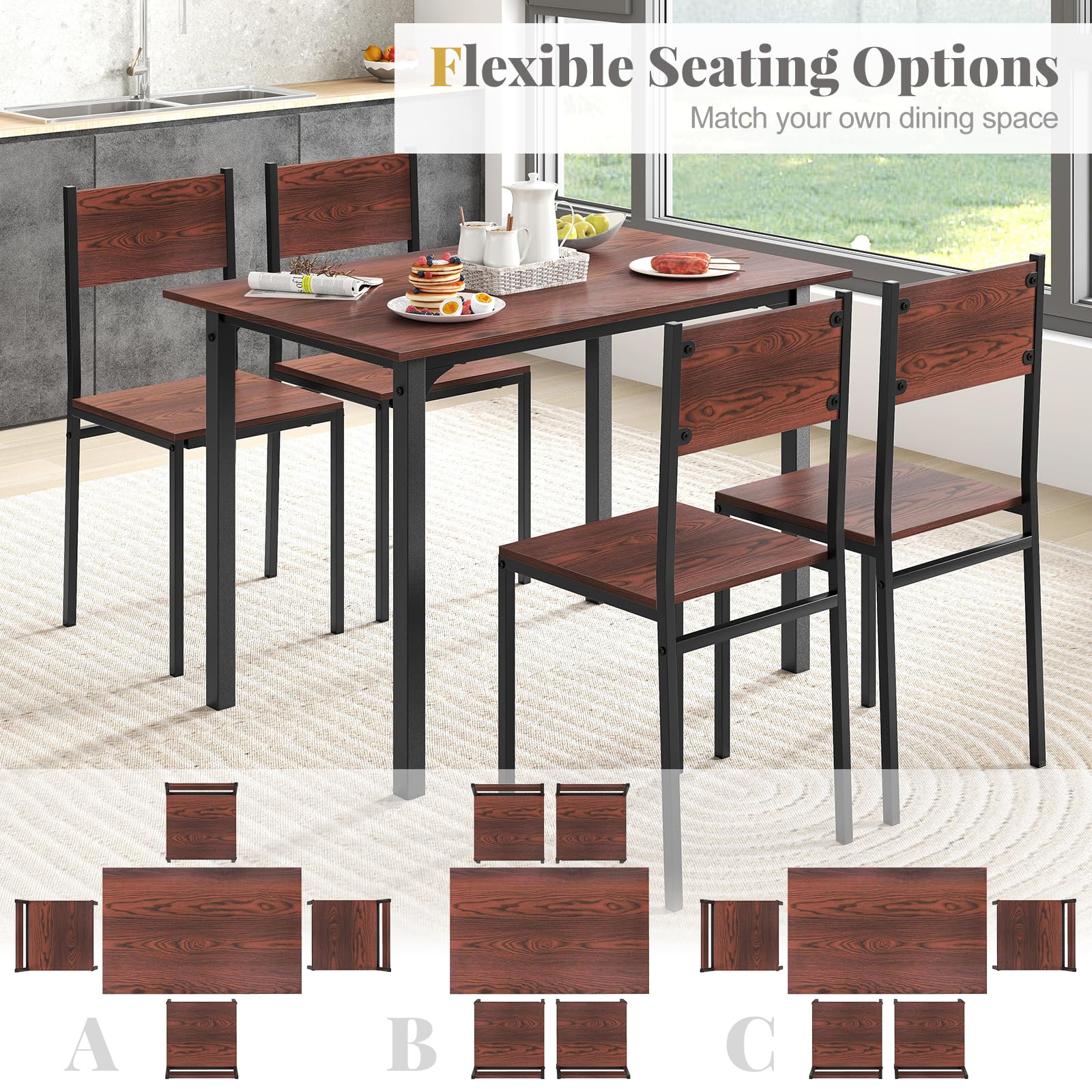 Dining Table Set for 4 with Chairs - Walnut