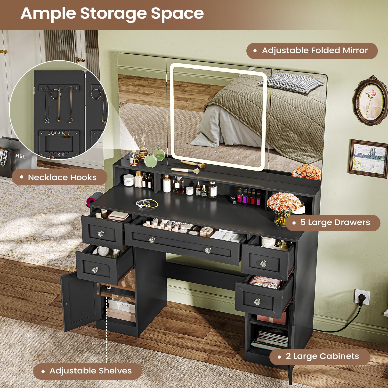 Vanity Desk with Trifold Mirror and LED Light