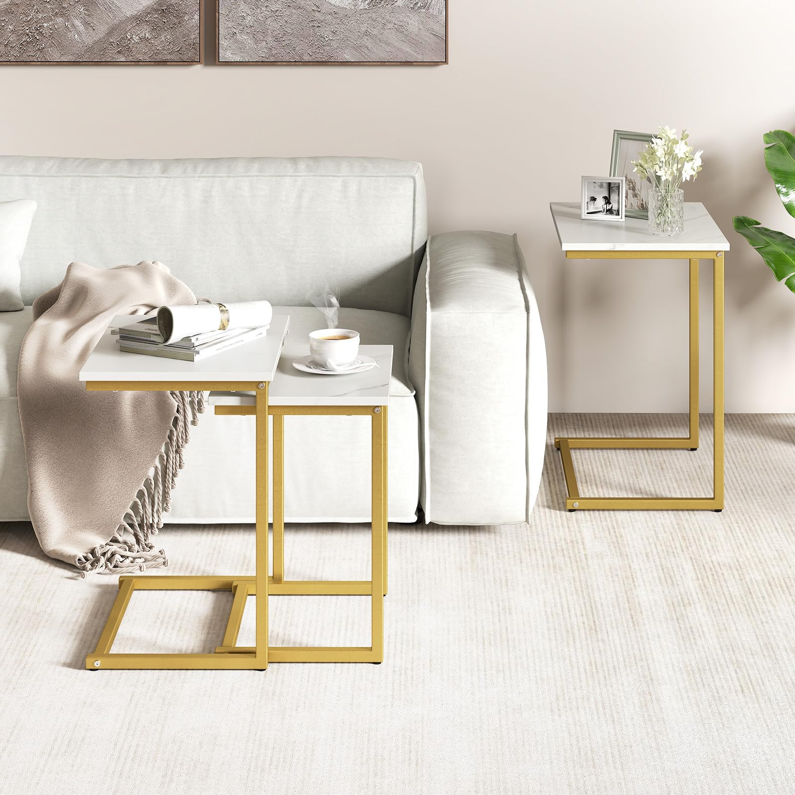 GOFLAME Nesting Coffee Tables Set of 3, Rectangular Nesting Center Table with Faux Marble Top & Metal Frame, Modern C-Shaped Nested Side Table Set for Living Room, Gold & White