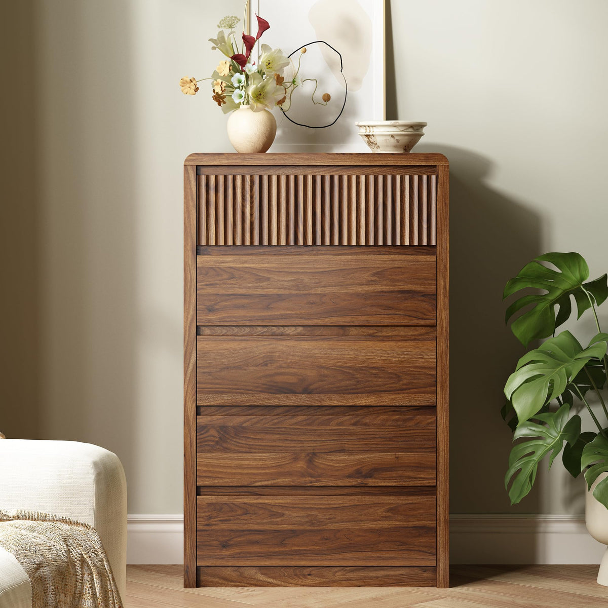 5-Drawer Tall Fluted Dresser with Curved Edges – Walnut Bedroom Chest of Drawers, 48"