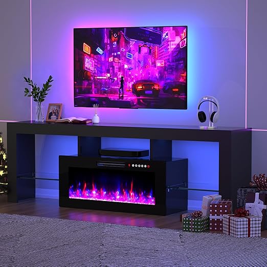 Modern White Fireplace TV Stand with LED Lights