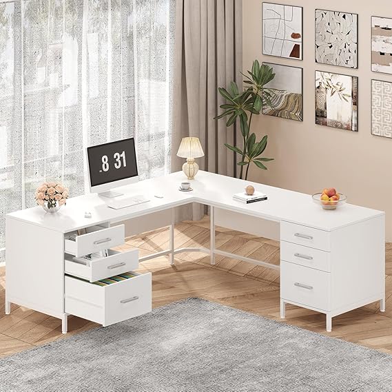 59" L-Shaped Desk with 6 Drawers and File Cabinet