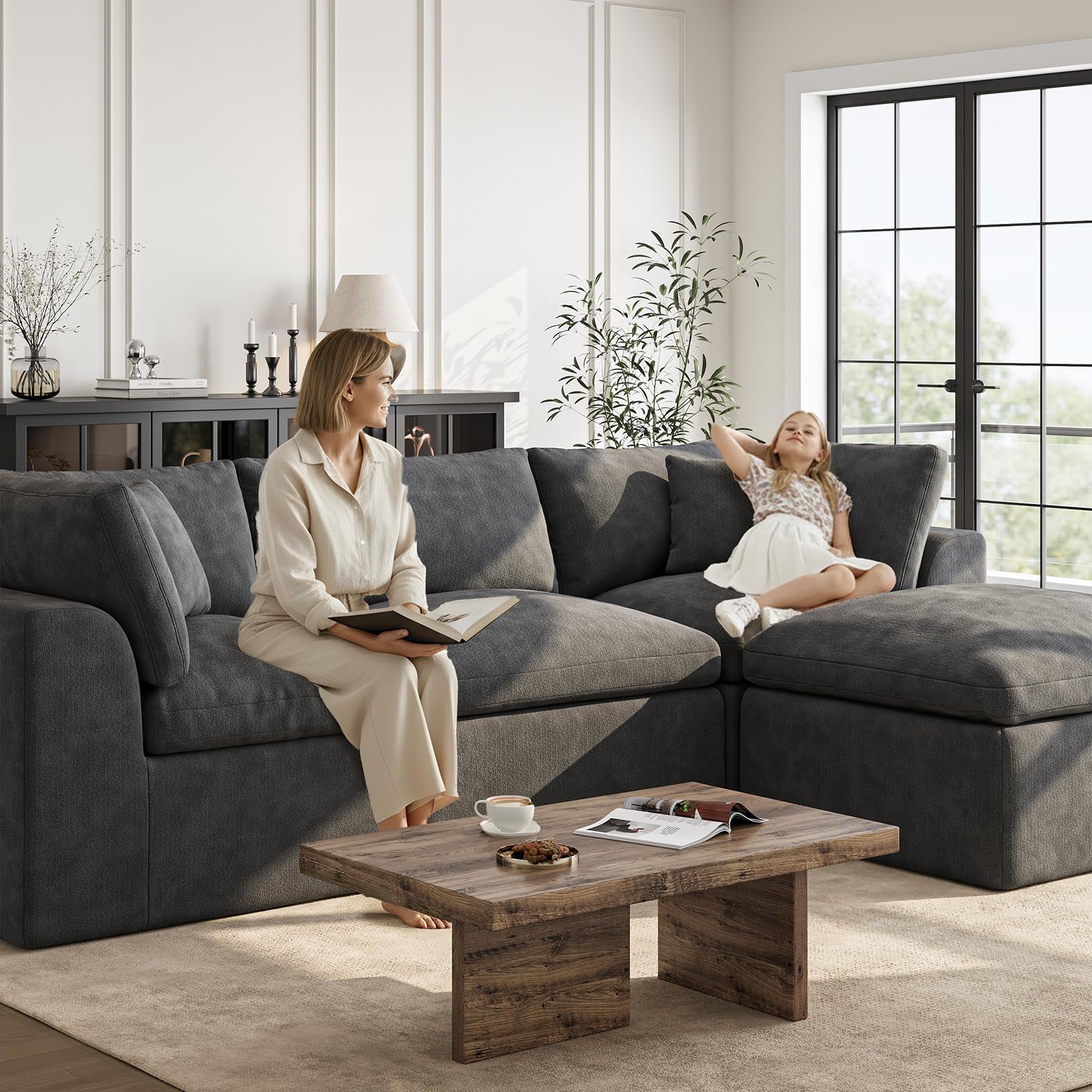 108 Inch L-Shaped Sectional Sofa with Ottoman