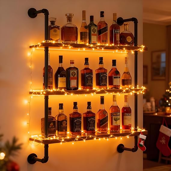 39" Wall Mounted Wine Rack with LED Lights - 3 Tier Industrial Pipe Floating Shelves