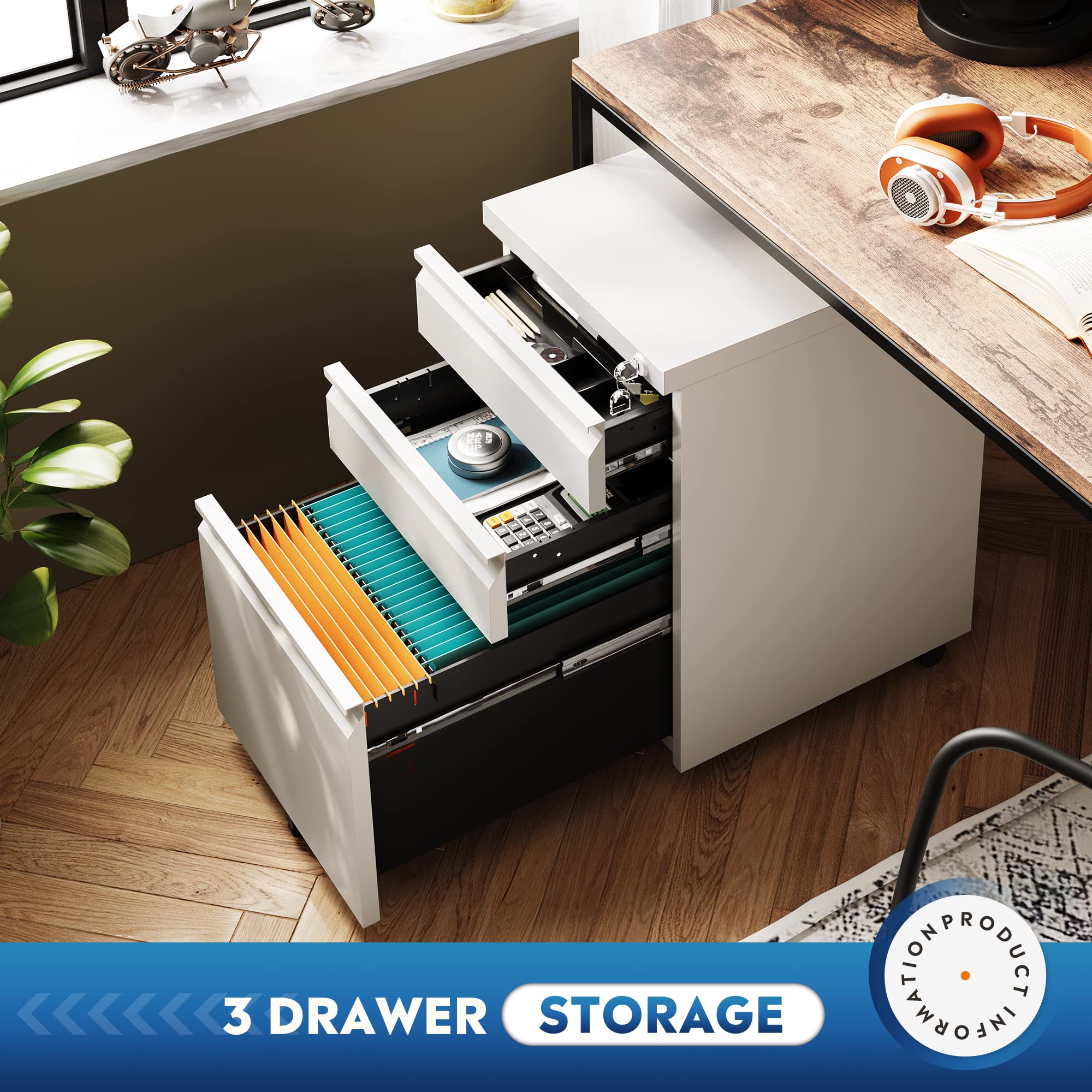 3 Drawer Mobile File Cabinet with Lock