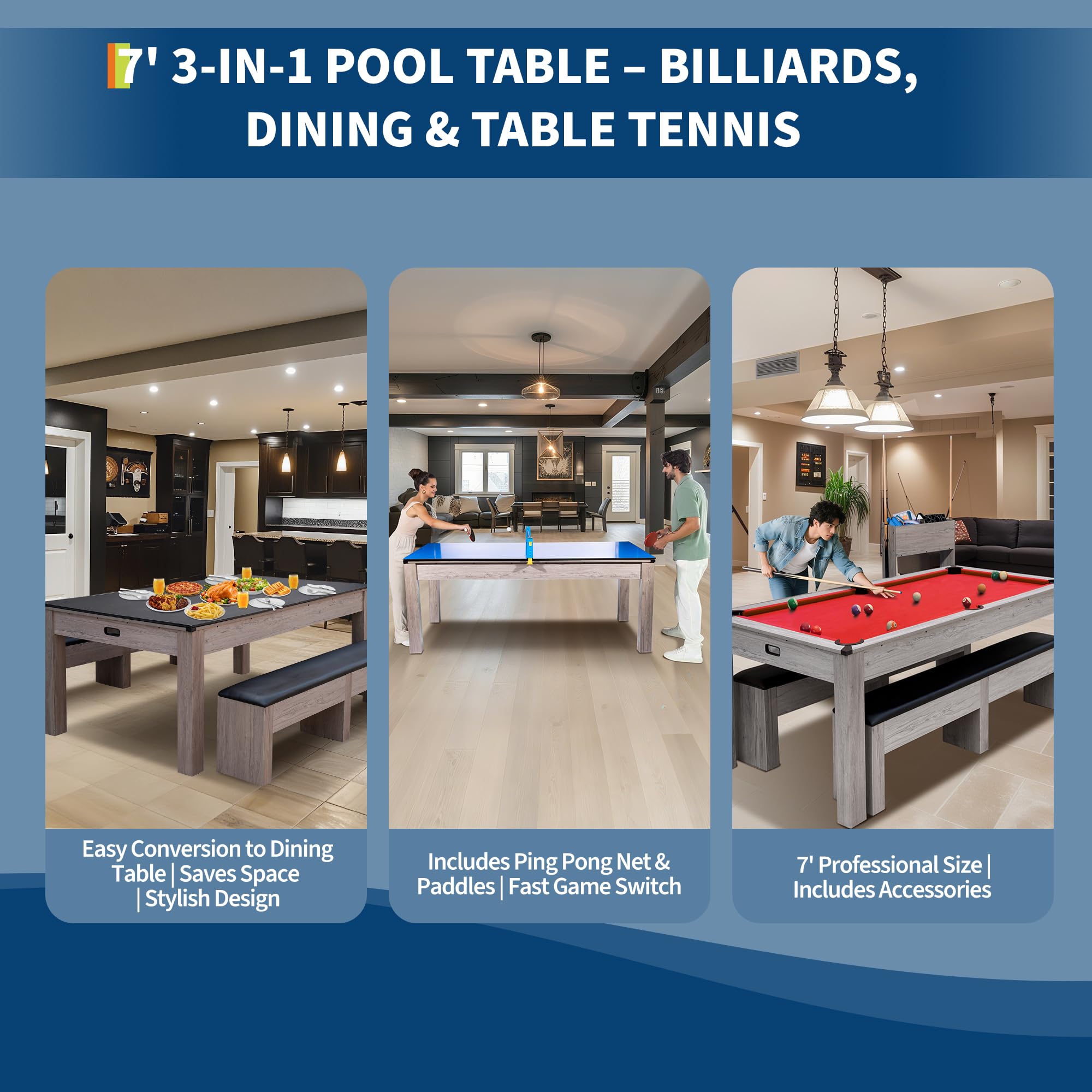 7FT 3-in-1 Pool Table with Dining Top & Table Tennis