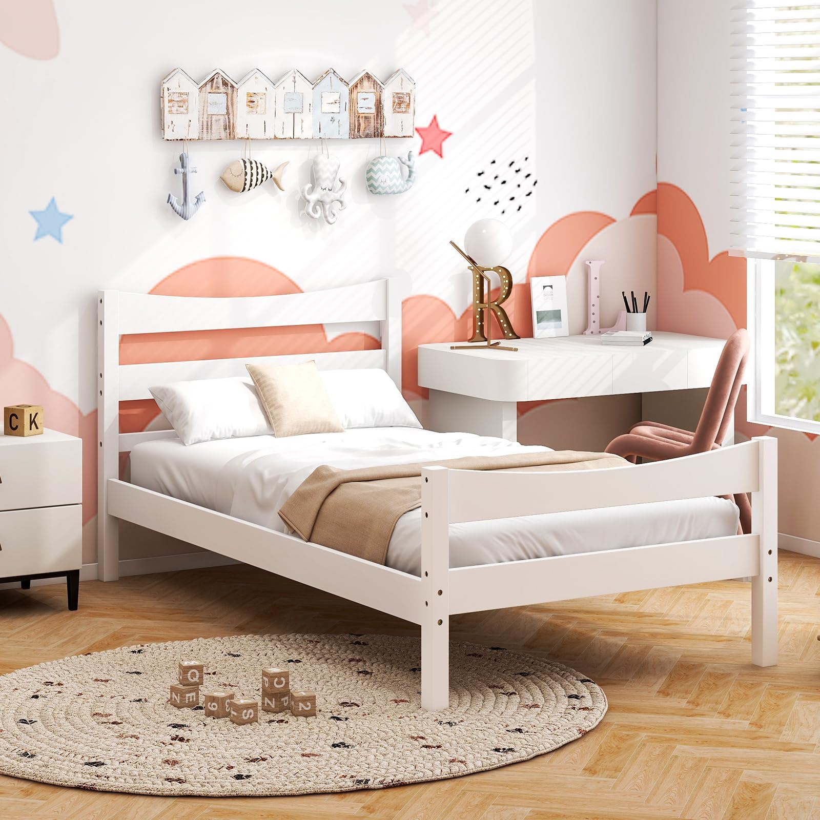 Twin Platform Bed with Headboard and Storage Space