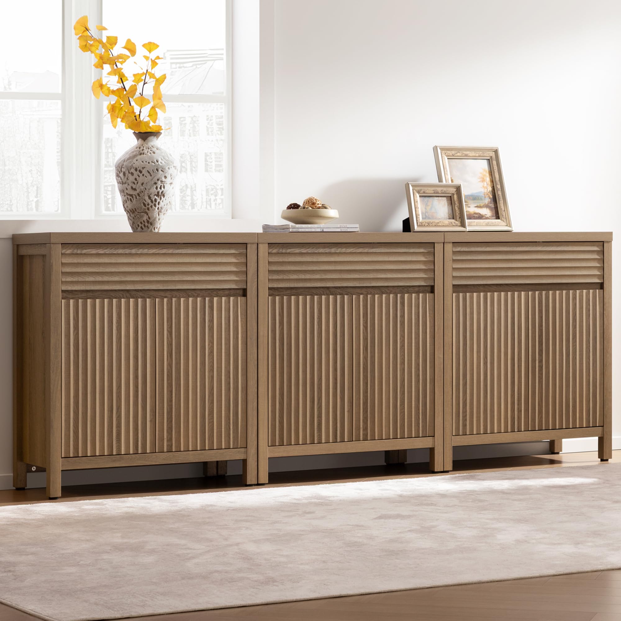 Fluted Buffet Cabinet with Storage - 87" Sideboard with Drawers and Adjustable Shelves