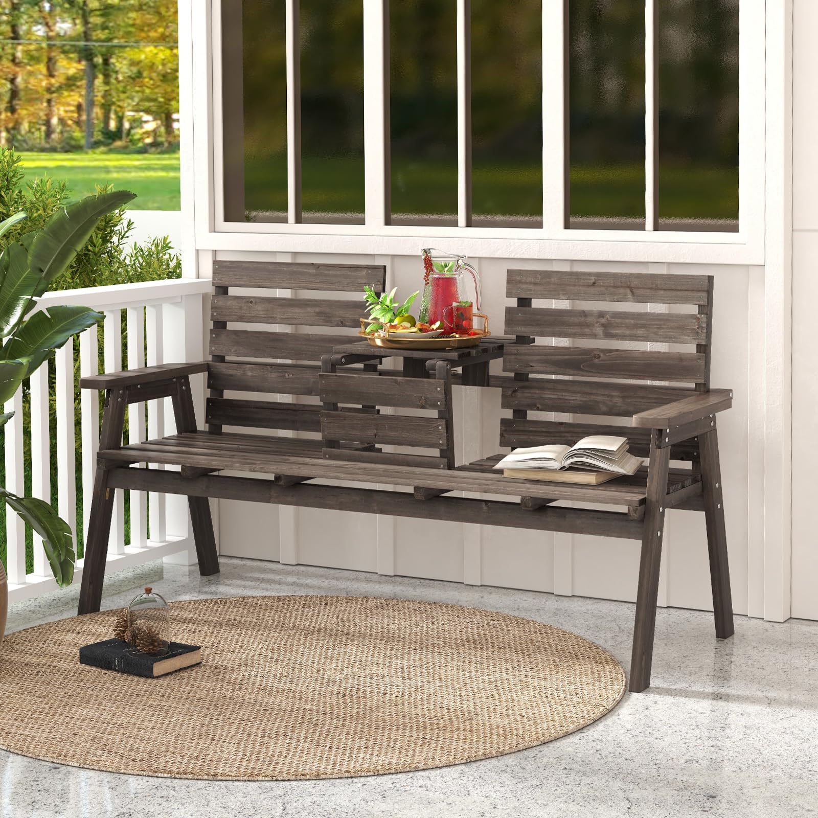 Foldable Outdoor Fir Wood Bench with Middle Table