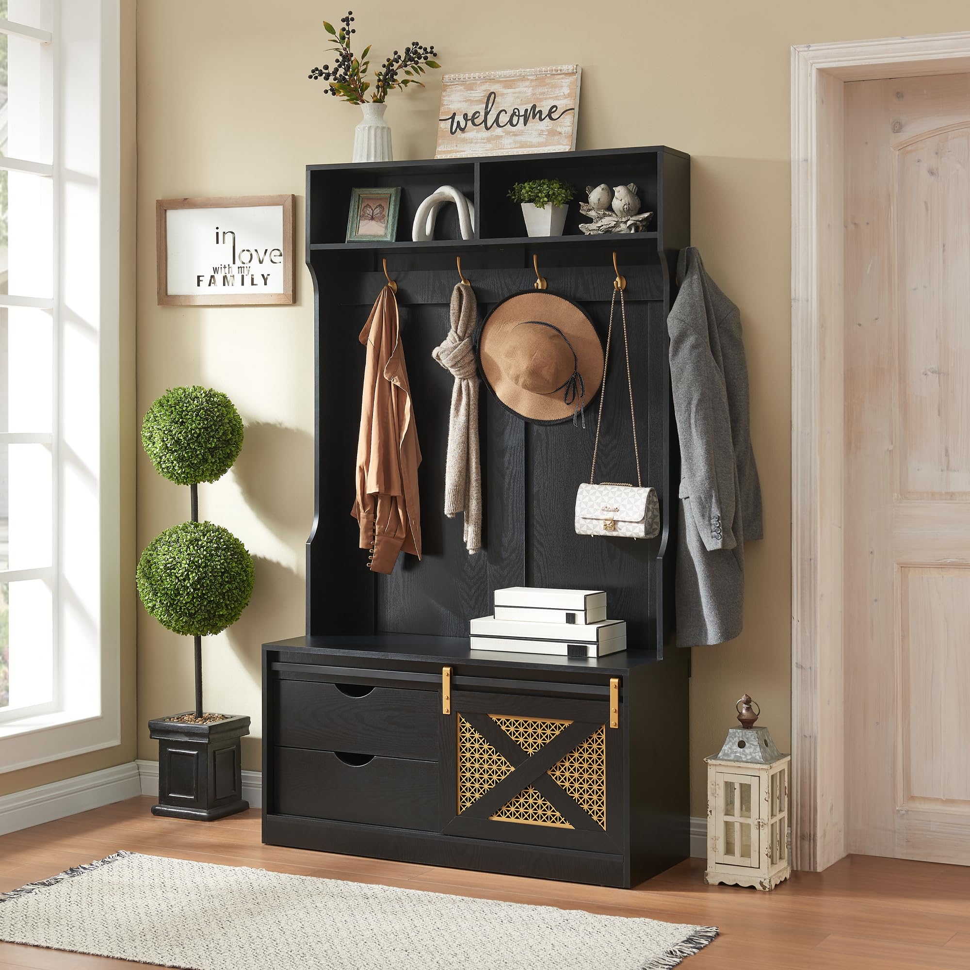 Entryway Hall Tree with Storage Bench and Coat Rack