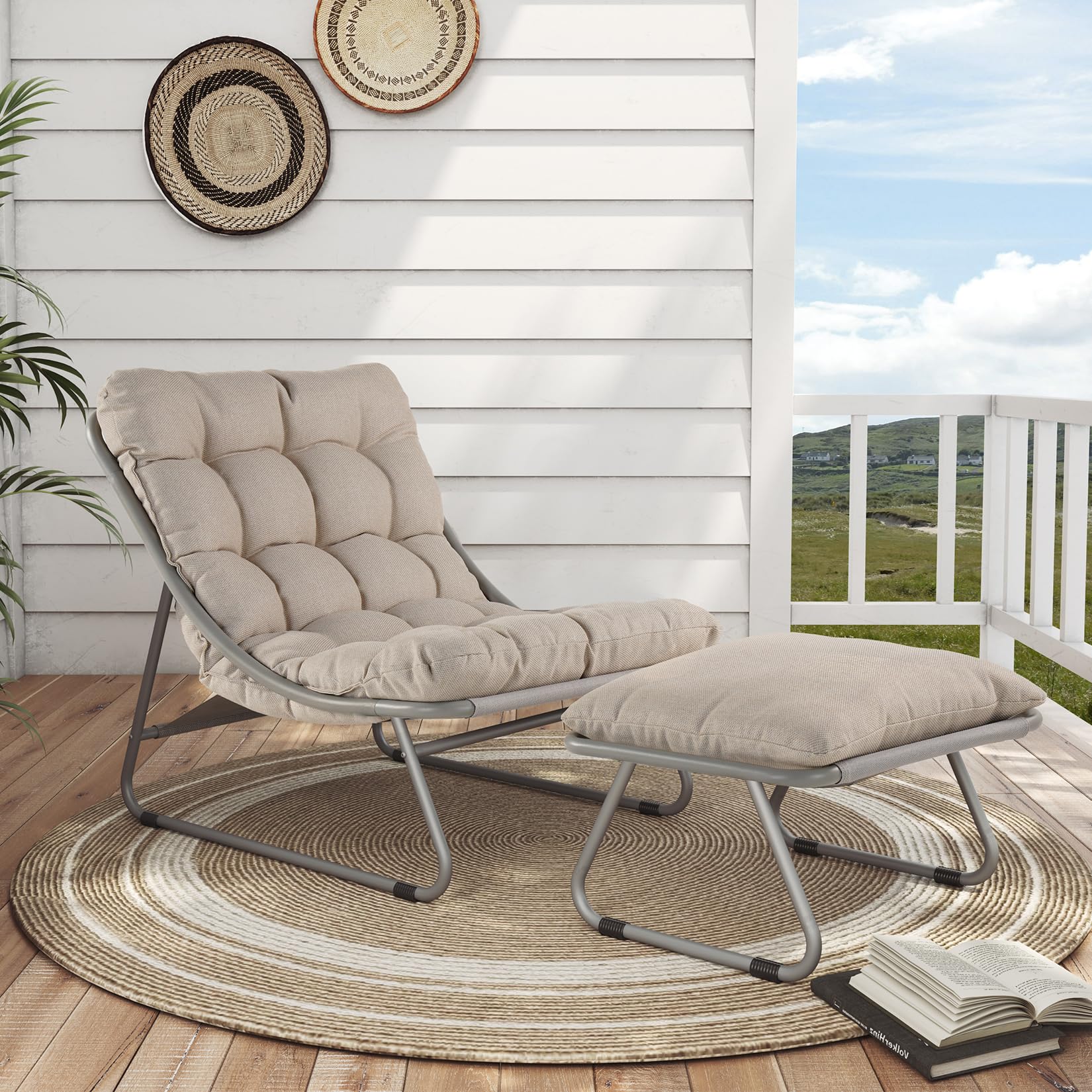 Outdoor Lounge Chair with Foot Stool - Sling Recliner with Cushion