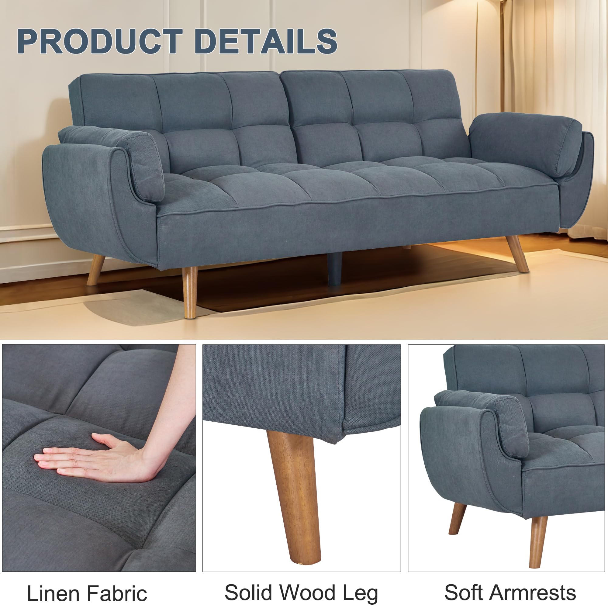 75″ Convertible Futon Sofa Bed with Adjustable Backrest