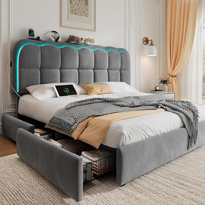 Twin Velvet Platform Bed with Storage & LED Headboard