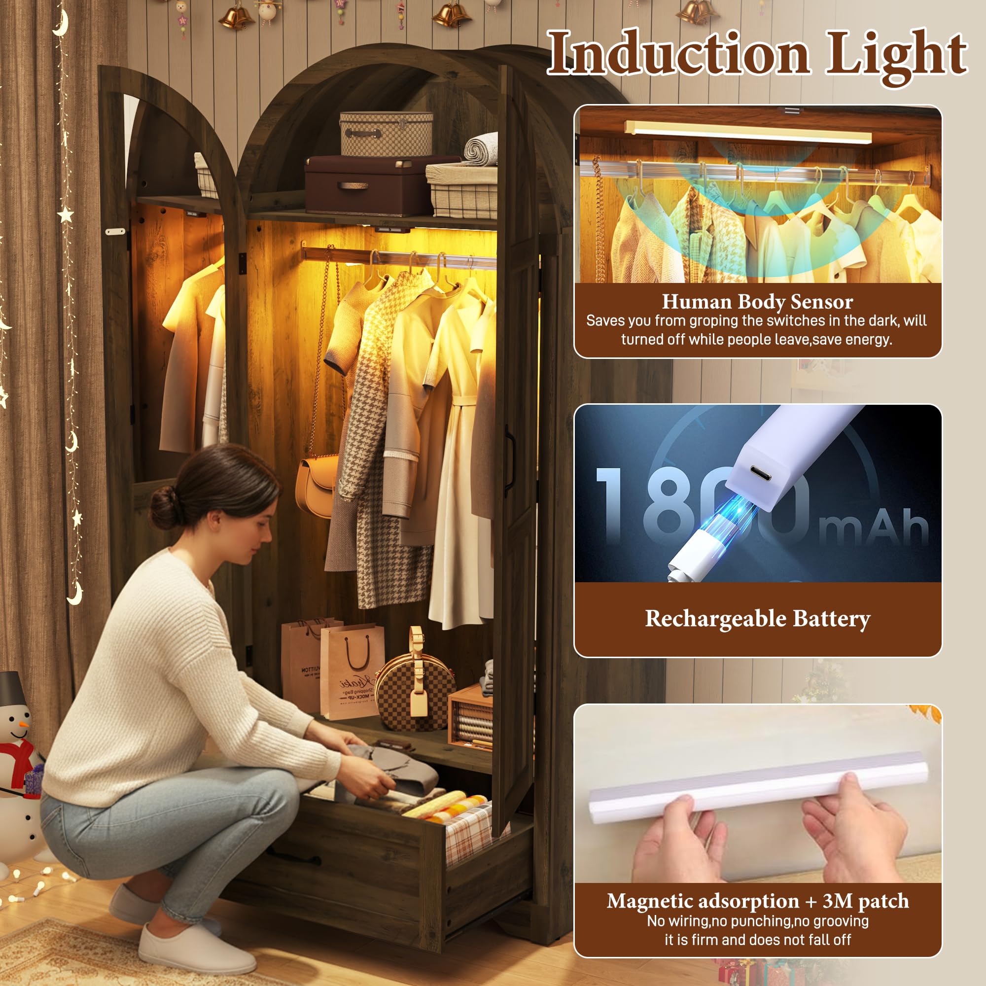 2-Door Armoire Wardrobe with Mirror and Lights