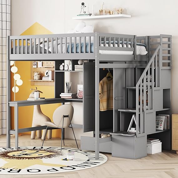 Full Size Loft Bed with Stairway, Wardrobe, Desk and Drawers