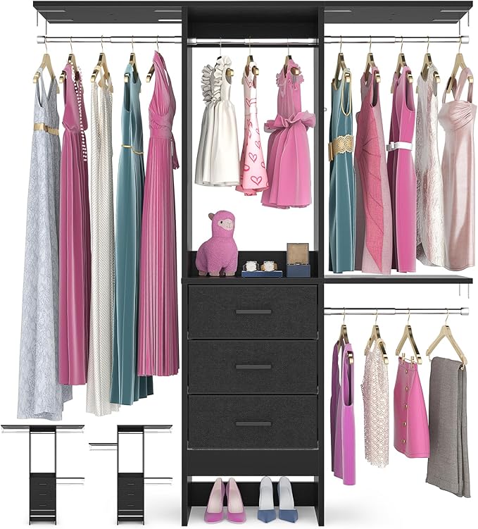 4ft Closet Organizer System with 3 Fabric Drawers and Adjustable Shelves