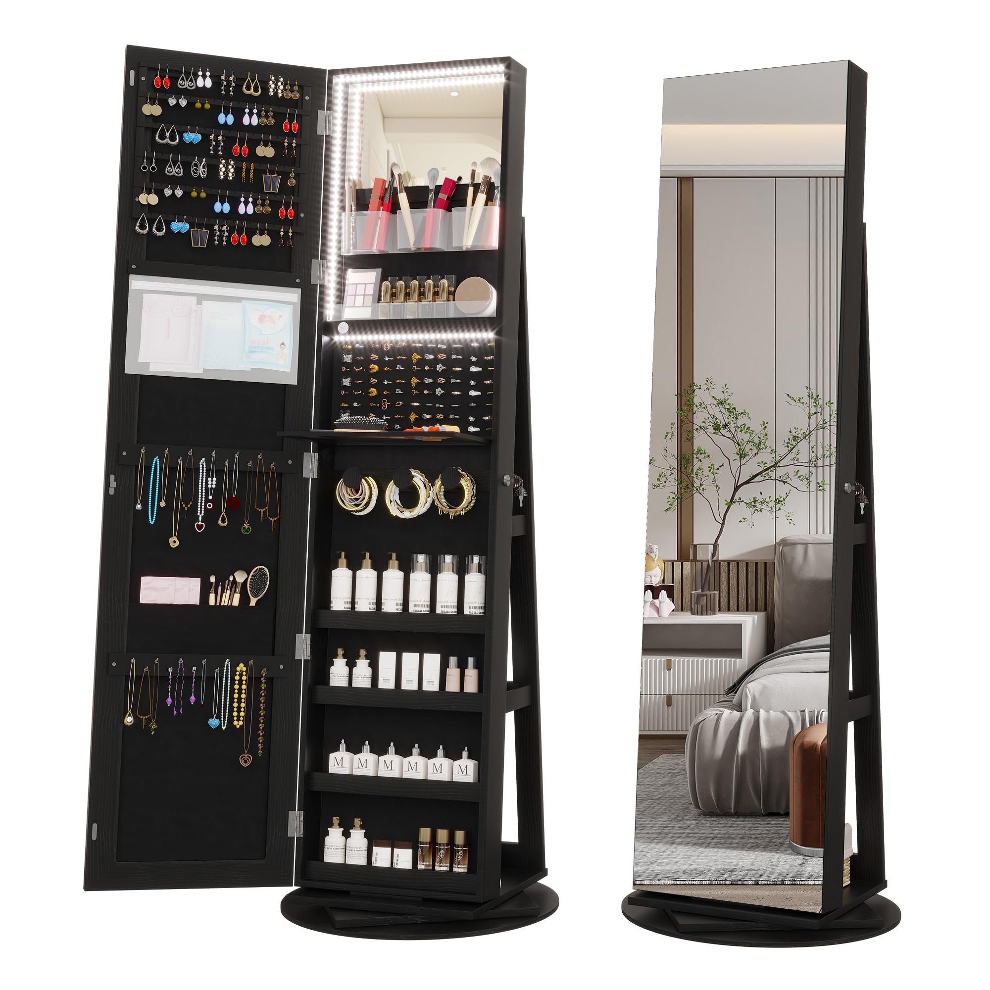 360° Swivel Mirror Jewelry Cabinet with Lights