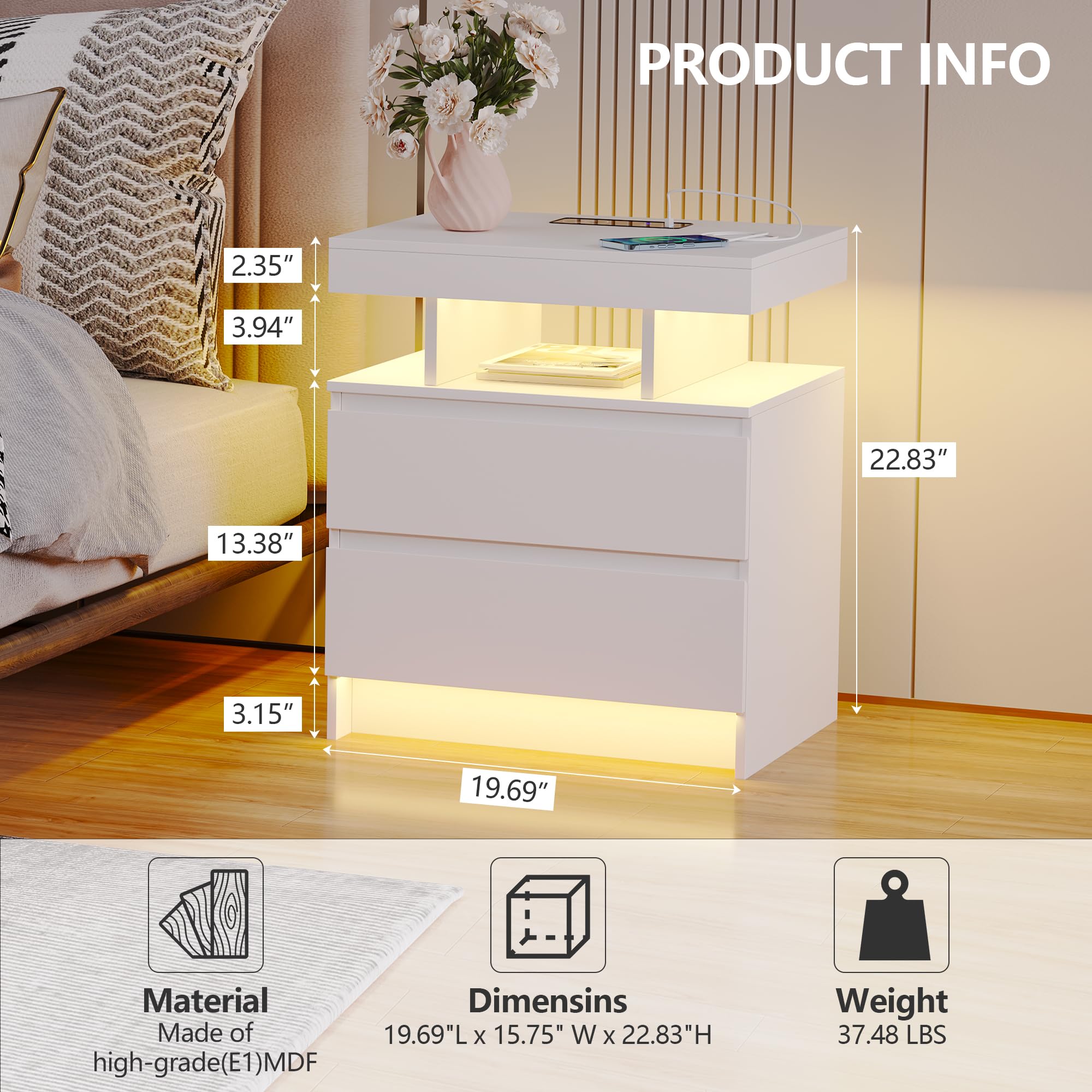 LED Nightstand with Charging Station