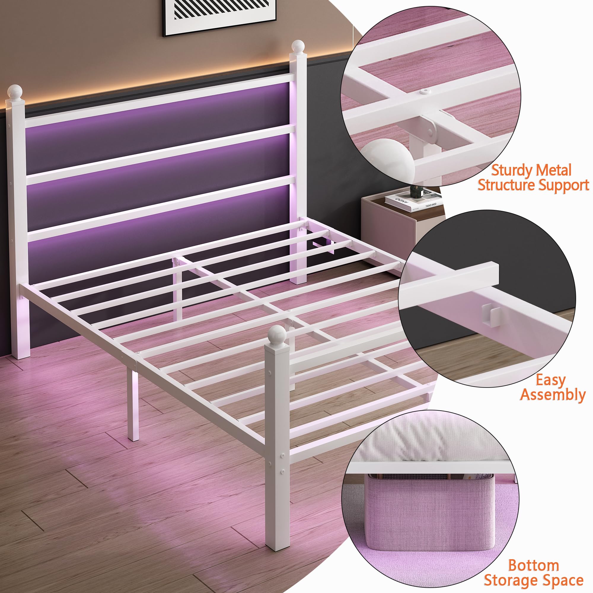 Full Size Metal Bed Frame with LED and USB Charging
