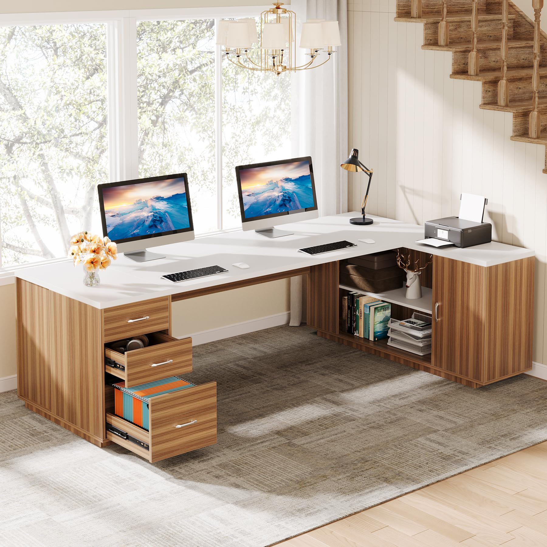 85.8-Inch L-Shaped Executive Desk with File Drawers and Cabinet