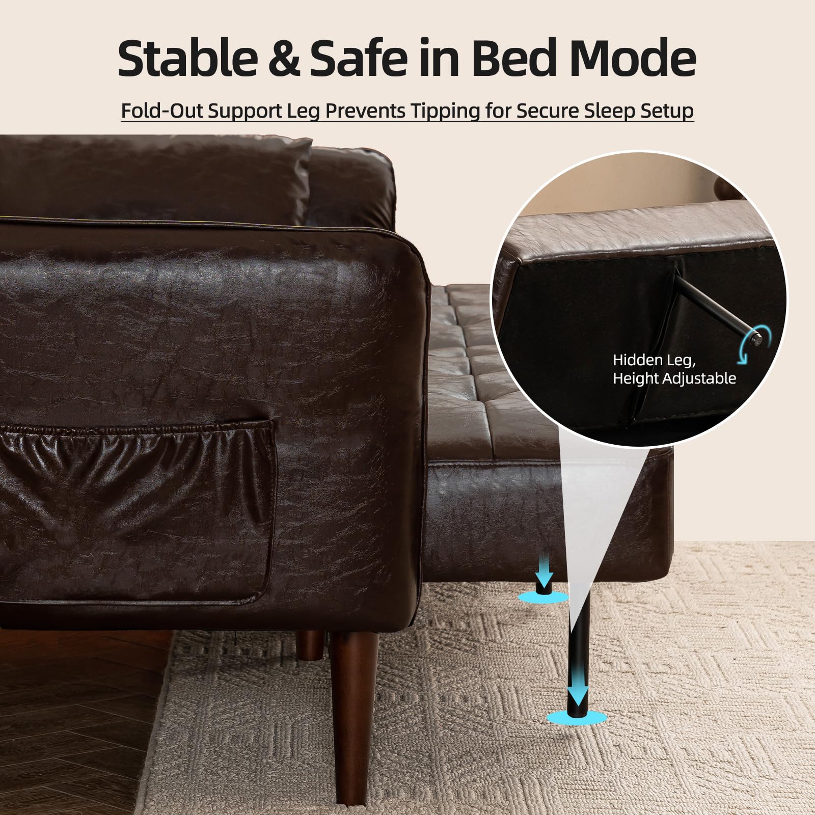 85" Futon Sofa Bed with Storage and Adjustable Armrests