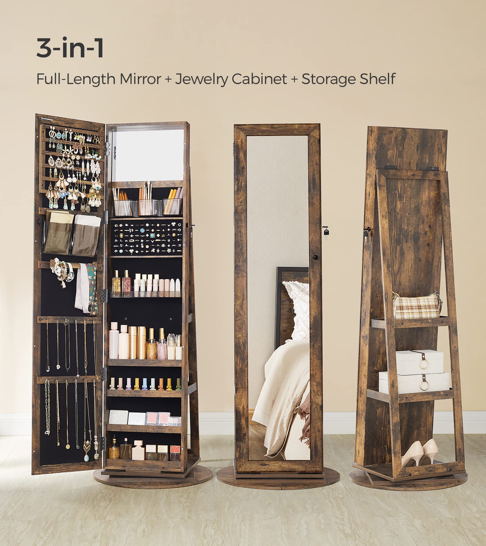 360° Swivel Jewelry Cabinet with Full-Length Mirror