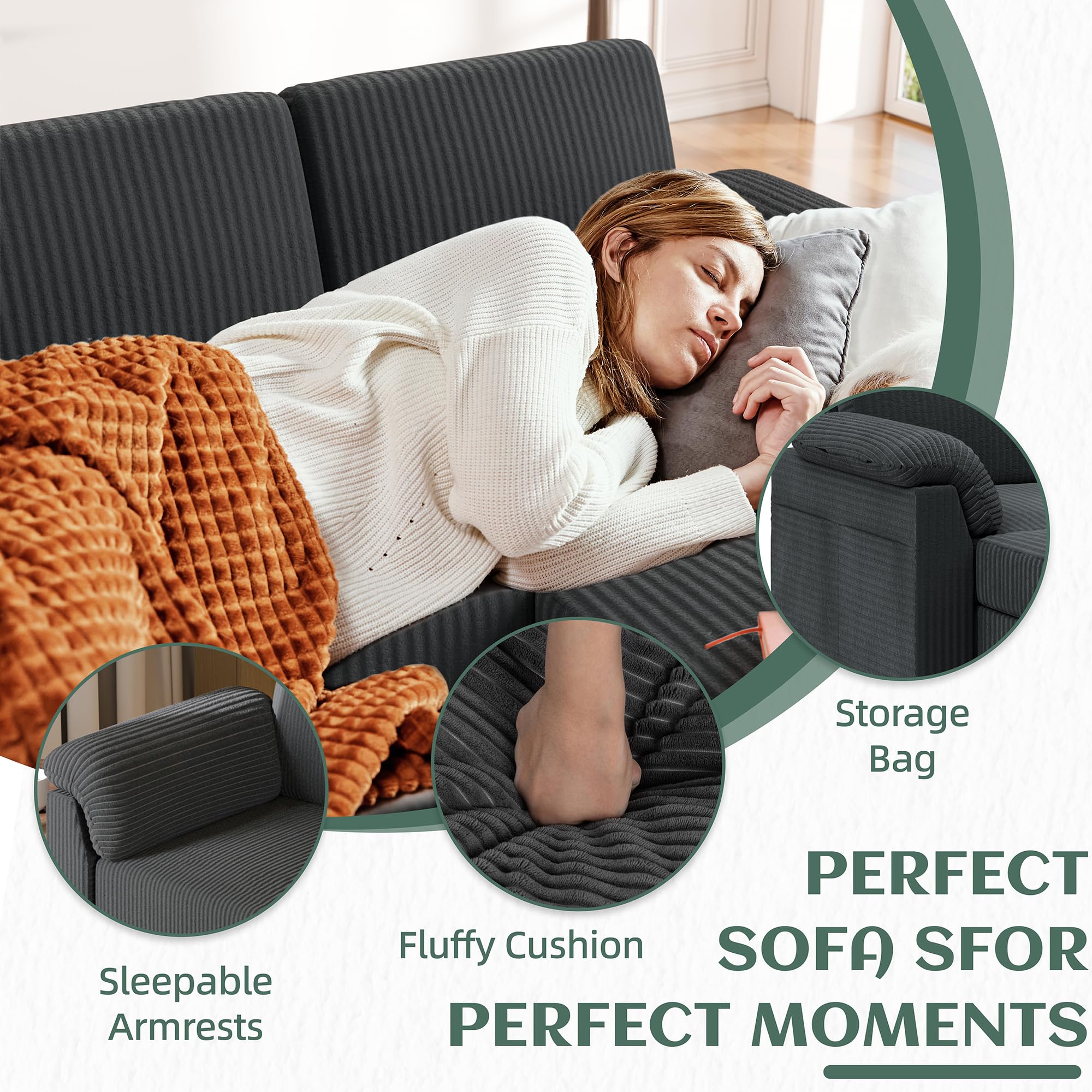 Convertible Sectional Sofa 3-Seat L-Shaped with Removable Pillows