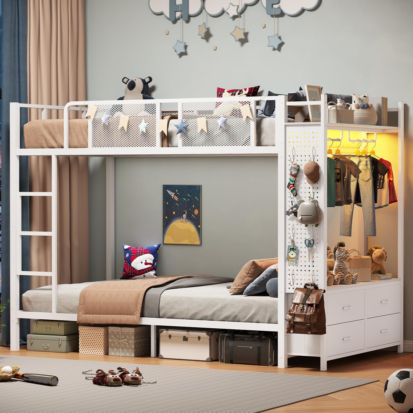 Full Metal Bunk Bed with Storage and LED Lights