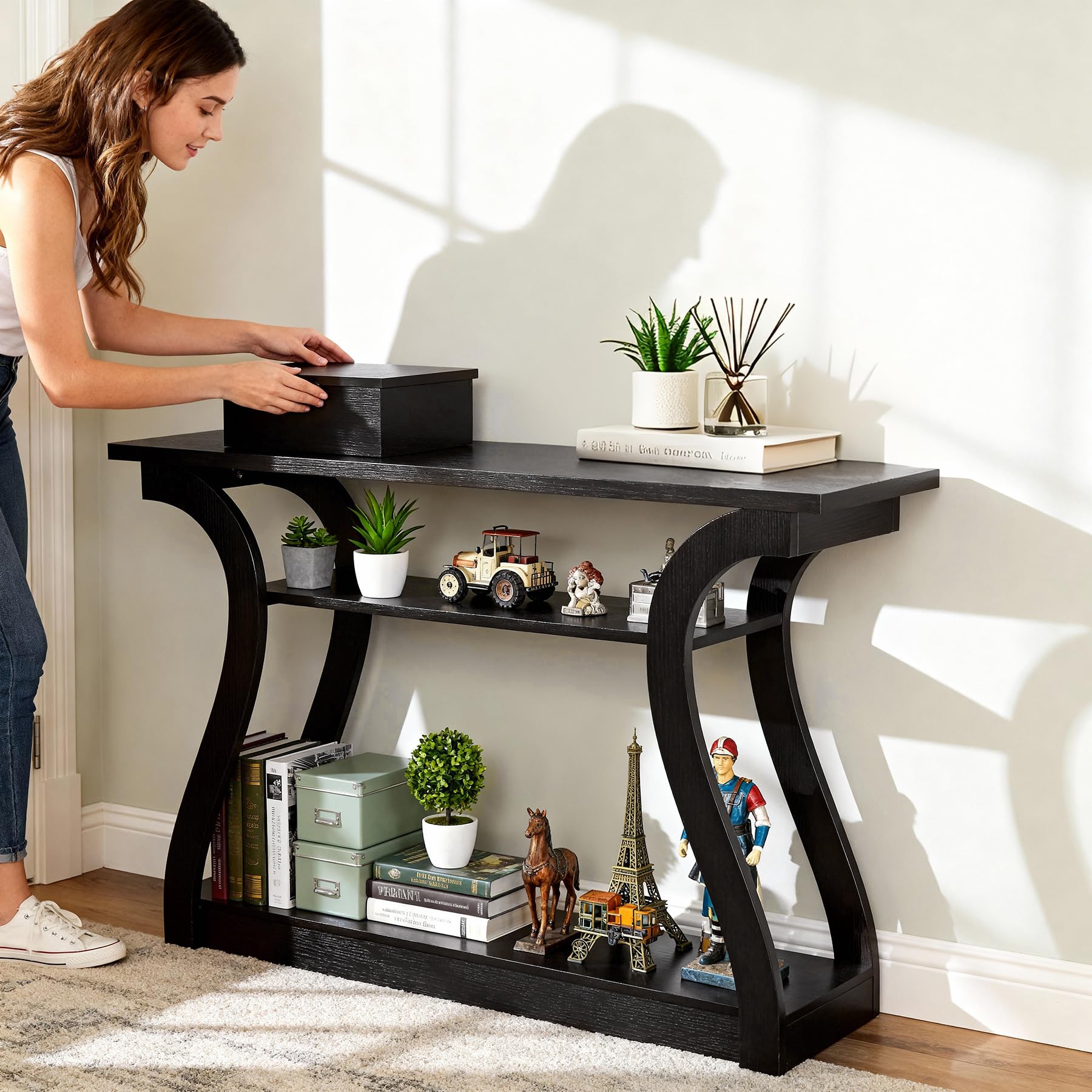 3-Tier Wood Console Table with Curved Legs - 47 Inch Cappuccino