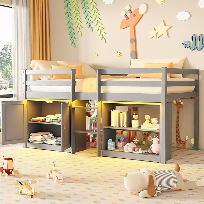 Twin Loft Bed with Lights and Storage Bookcase