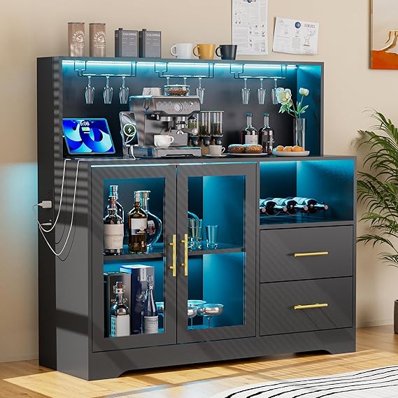RGB LED Bar Cabinet with Wine Rack