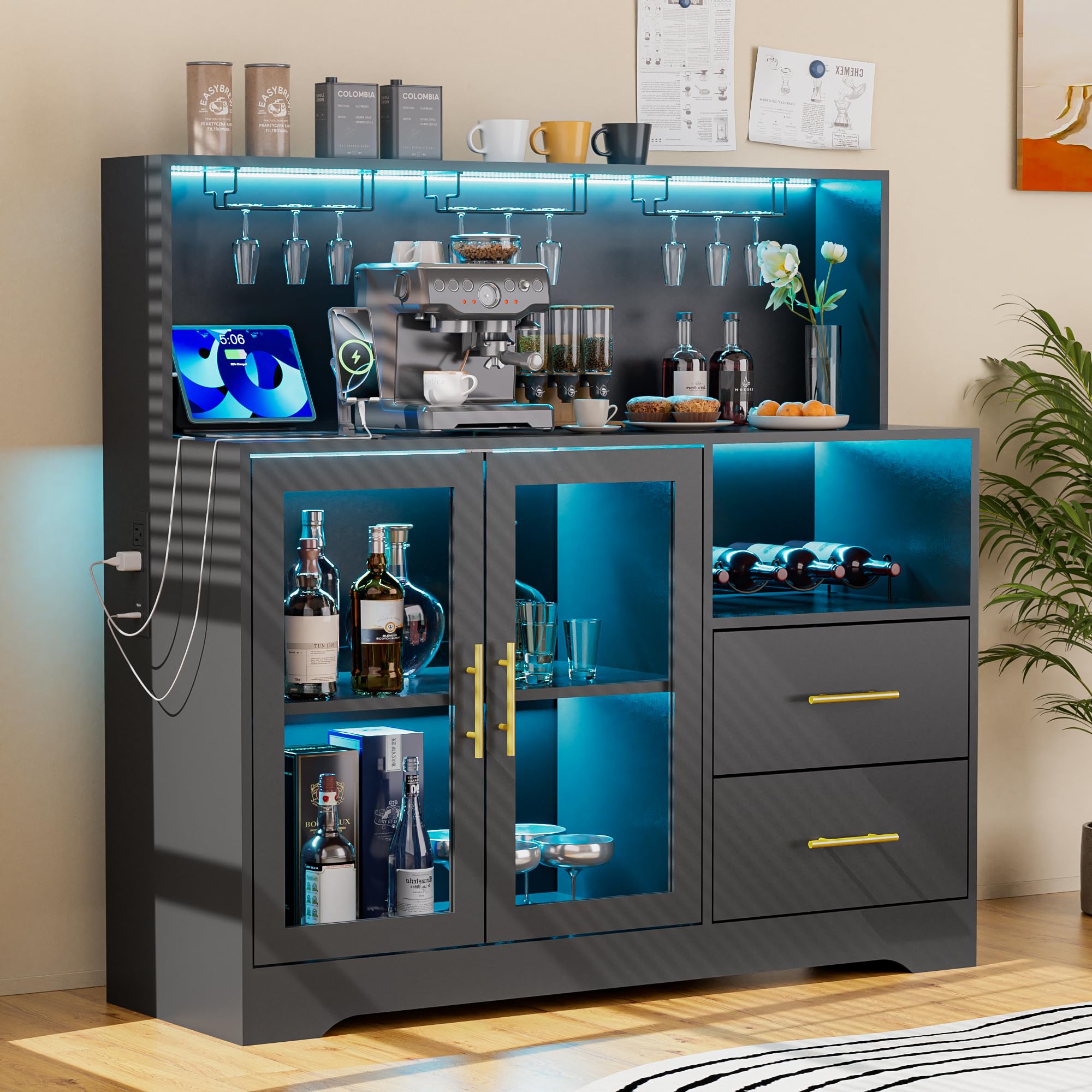 RGB LED Bar Cabinet with Wine Rack