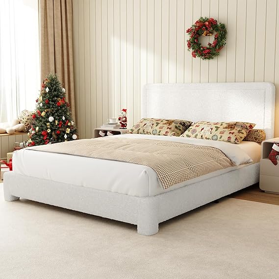 Full Size Boucle Upholstered Bed Frame with Adjustable Headboard