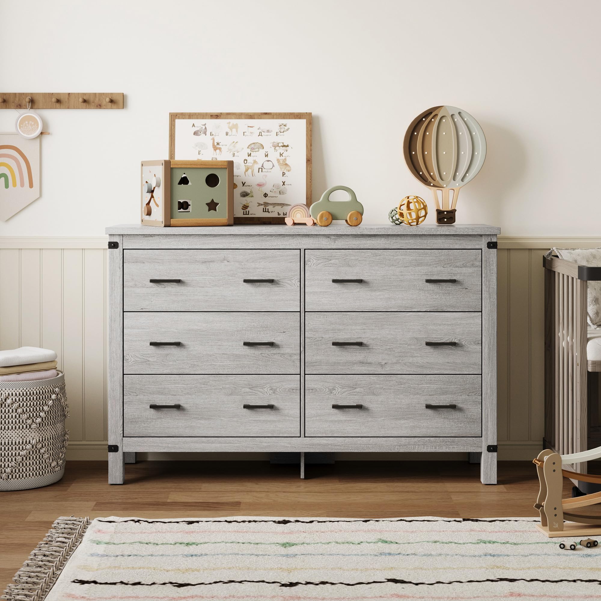 6 Drawer Farmhouse Dresser with Metal Handles