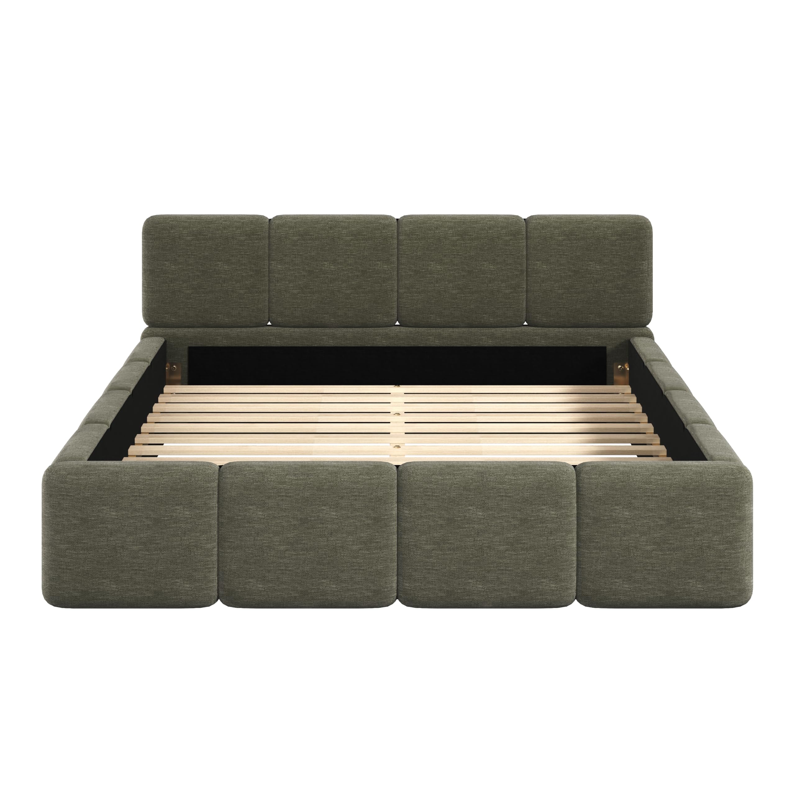 Linen Upholstered King Bed Frame with Headboard - Olive Green
