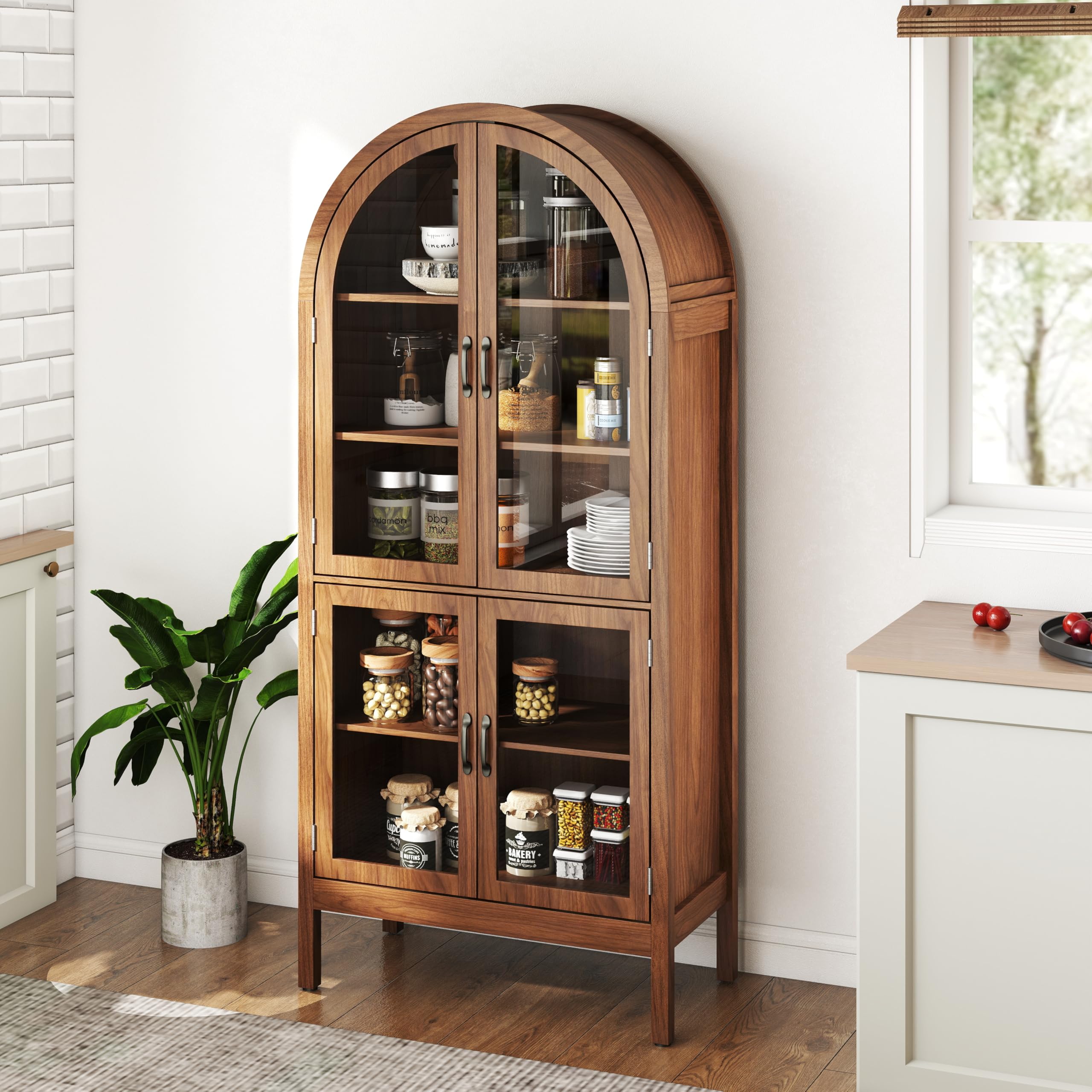 Arched Kitchen Pantry Cabinet with Glass Doors