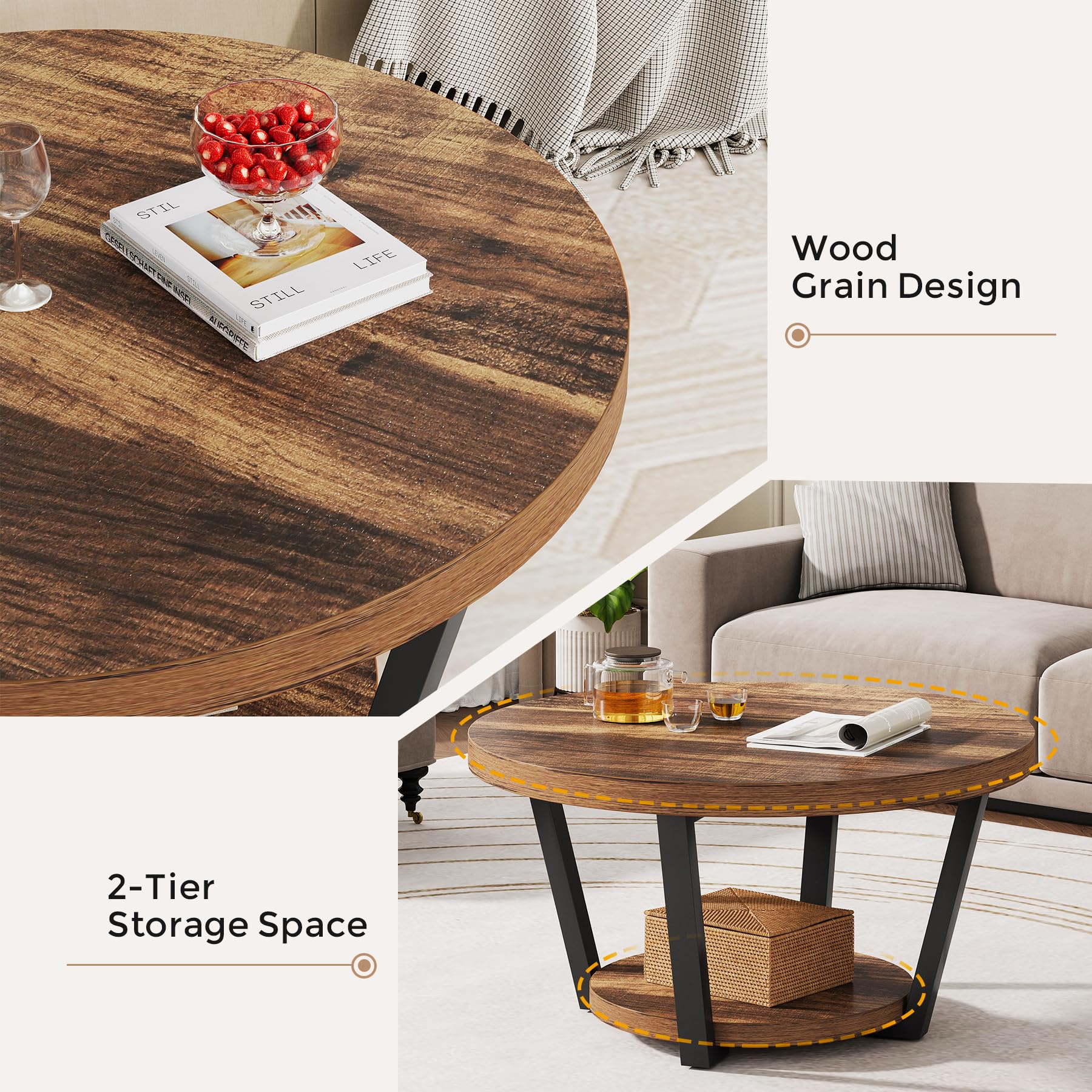Round Coffee Table with Storage Shelf