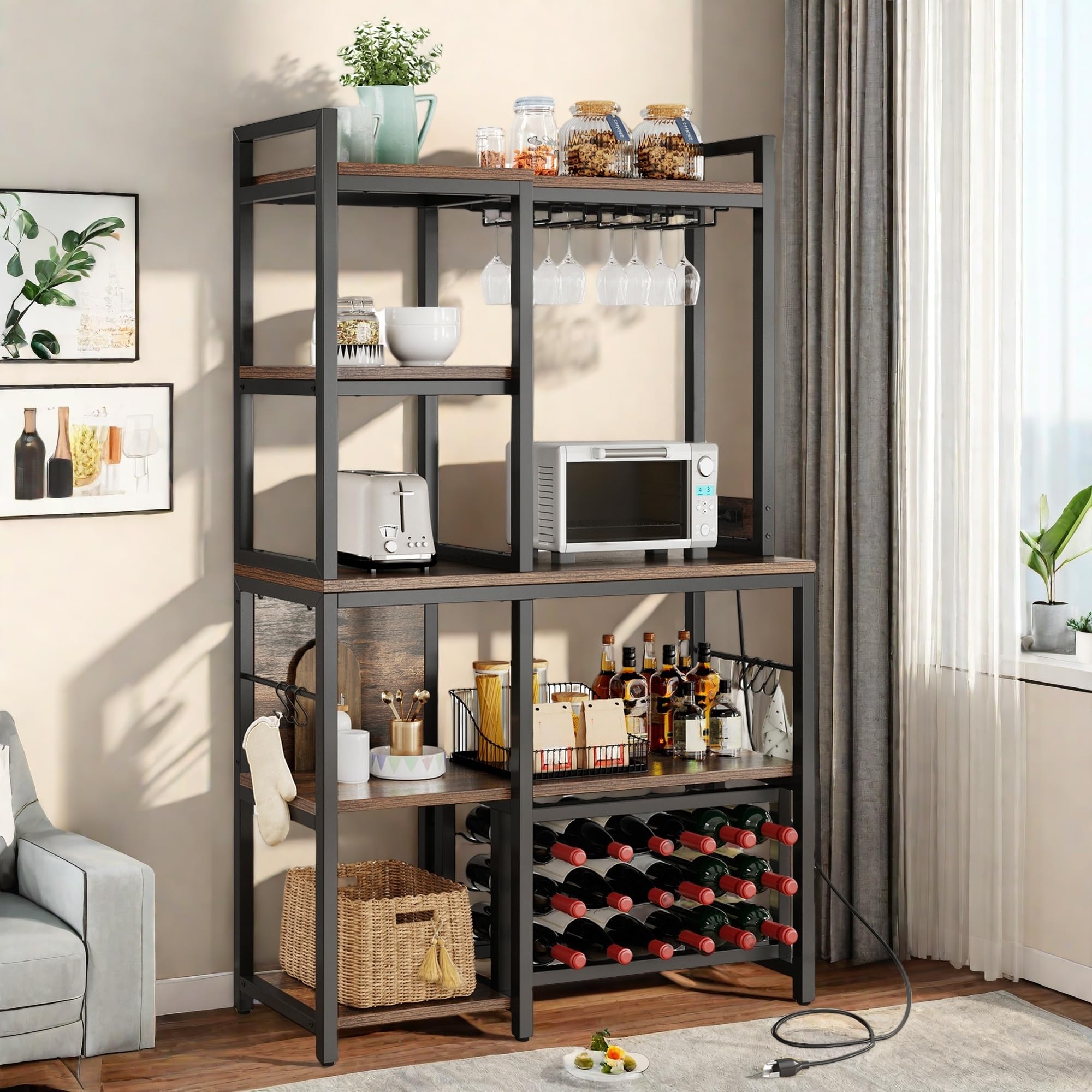 5-Tier Baker's Rack with Power Outlet and Wine Storage