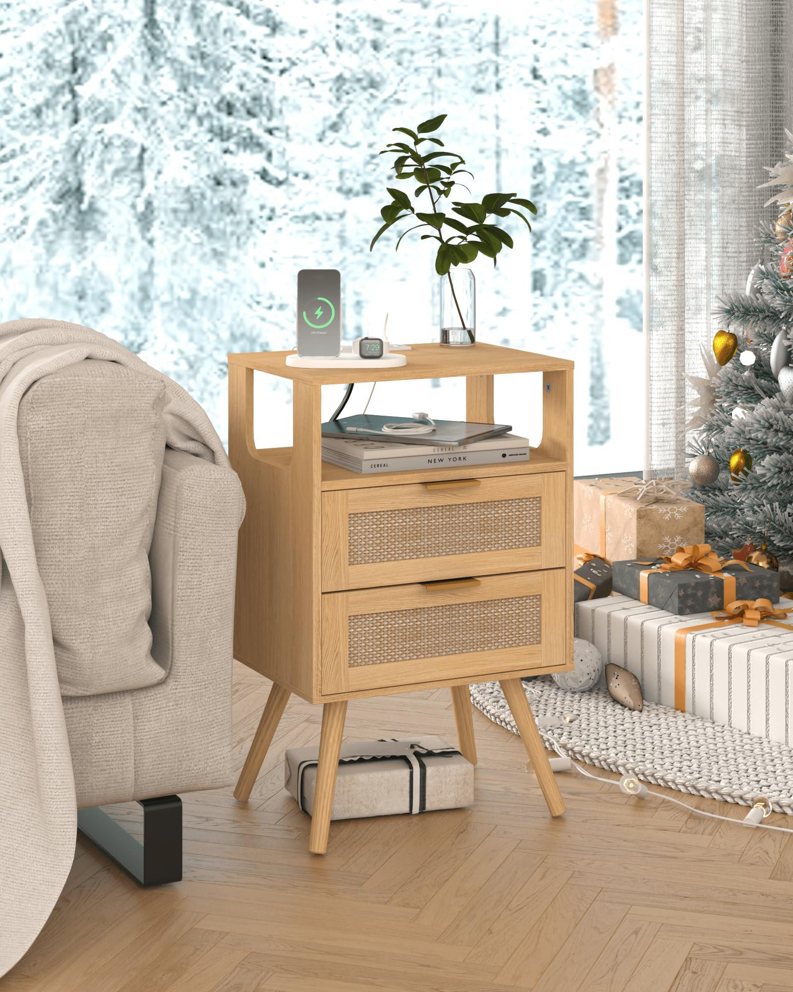 Rattan Nightstand with Charging Station