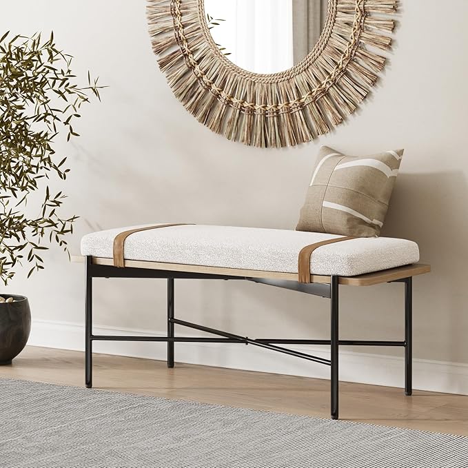 Mid-Century Wooden Bench with Removable Fabric Cushion