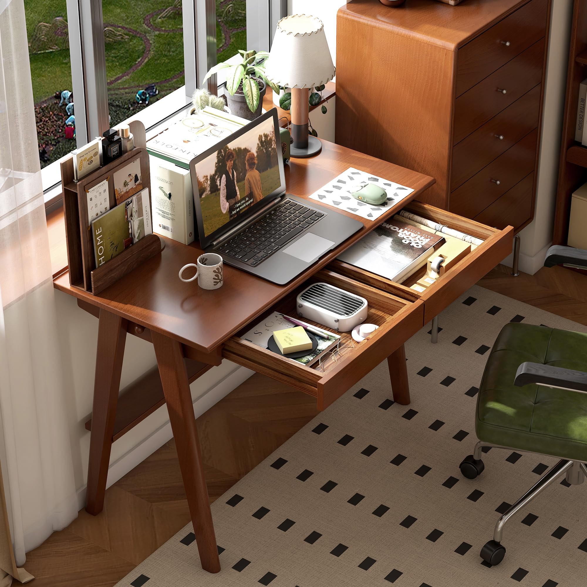 Solid Rubber Wood Writing Desk with Drawer