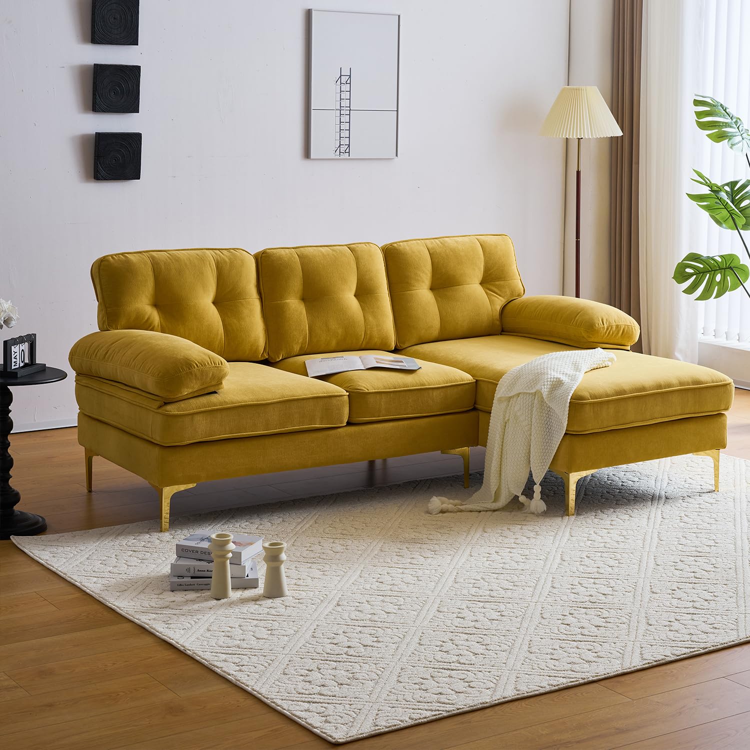 83" Velvet Sectional Sofa with Tufted Upholstery